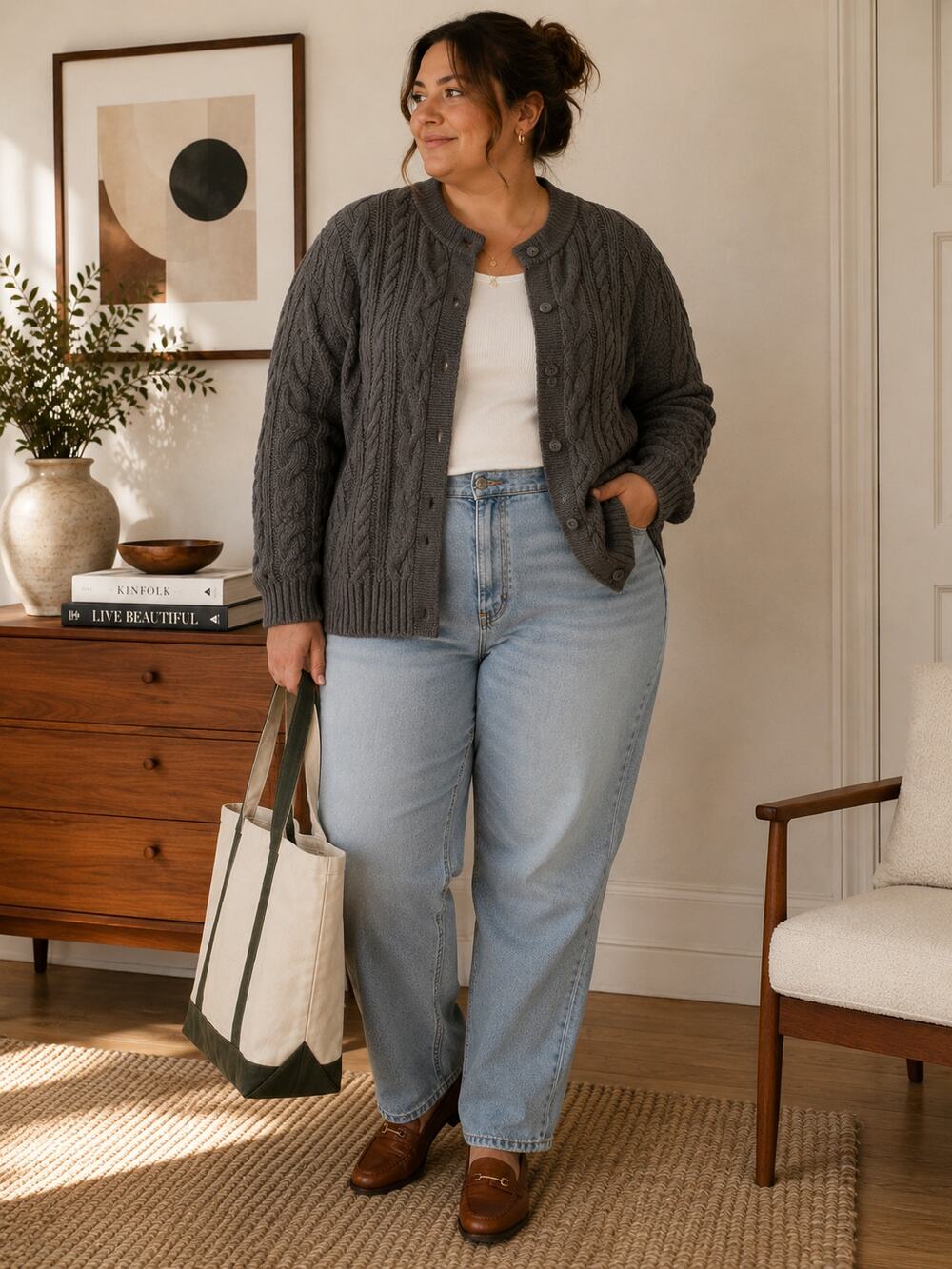 L.L.Bean Cotton Cable Knit Cardigan Sweater Gray Plus 1X Cozy Cottagecore ✨
